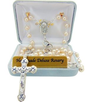 Handmade Glass Bead Wedding Rosary Italian Metal Crucifix & Rings Marriage Gift