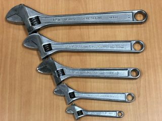 Vintage Crescent Tool Co.  Adjustable Wrench Set 4” - 6” - 8” - 10” - 12”.  Made In Usa