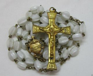 † Vintage " Crown Of Thorns " Oval Shaped Ridged Milk White Glass Rosary 22 3/8 " †