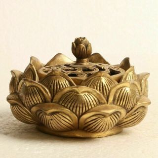 Chinese Brass Hand Carved Lotus Flower Incense Burner W Qianlong Mark Kt0091