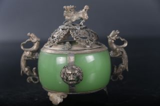 Exquisite Chinese Tibetan Silver Carving Kylin Inlay Jade Incense Burner