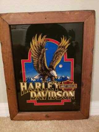Vintage Harley Davidson Framed Glass Eagle Advertising Bar Sign Carnival Mirror