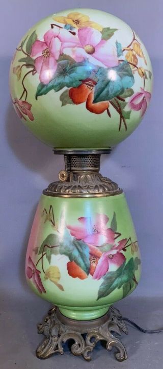 Ca.  1910 Antique Victorian Gwtw Style Flower Painting Litho Old Parlor Oil Lamp
