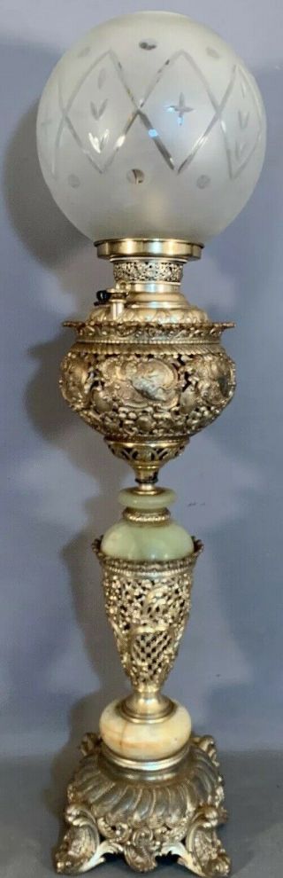Antique Art Nouveau Figural Putti Cherub Brass & Onyx Old Victorian Banquet Lamp