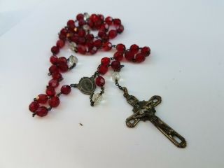 Antique Rosary With Sterling Cross And Red Crystal Glass Gift Box