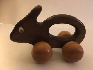 Mid Century Wooden Rabbit Pull Toy On Wheels Vintage Bunny Light And Brown Wood