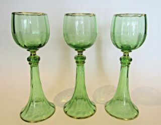 Three Vintage Green Etched Glass Goblets Rare (moser?)