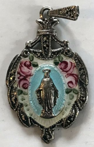 Vintage Sterling Medal Charm Pendant Virgin Mary Miraculous Enamel Jewel Stone
