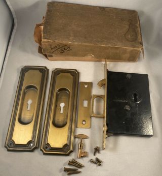 Antique Vintage Sargent Sliding Pocket Door Lock Hardware Set With Hinged Key