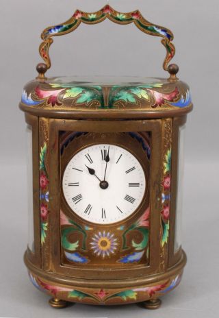 Antique 19thc French Bronze Floral Shaded Enamel Oval Carriage Clock,  Nr