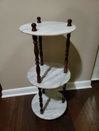 Vintage Tall Dark Wood & Marble 3 Tier Display Stand End Table Home Decor