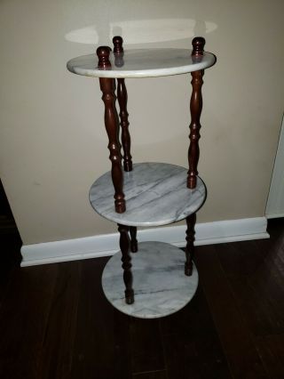 VINTAGE TALL DARK WOOD & MARBLE 3 TIER DISPLAY STAND END TABLE HOME DECOR 3