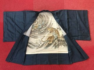 Wool Haori Jacket Kimono Outer Tiger And Dragon Hakama Japanese Vtg E433