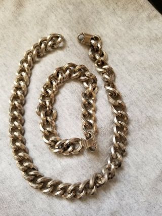 Vintage Sterling Modernist Heavy Chain Necklace And Bracelet