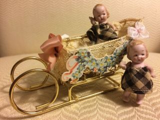 Antique Miniature German Twin Baby Dolls In Their Miniature Sleigh.  1900