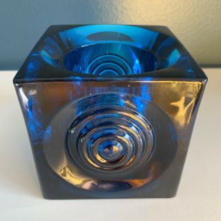 Vintage Mcm Viking Glass Blue Bluenique Cube Votive Candle Holder Bullseye 3.  5”