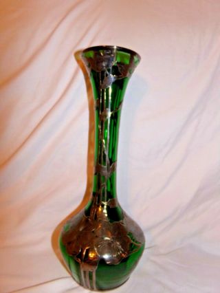 Flawless 12 " Alvin Vase Art Nouveau American Emerald Glass.  999 Silver Overlay