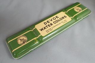 Vintage Childs Devoe Water Colors Tin Litho Paint Box With 8 Color Paints