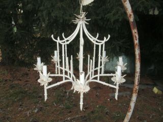 Vtg 8 Light Faux Bamboo Tole Pagoda Style Metal Chandelier Palm Beach PLS RD ALL 2