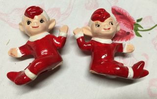 Vintage Set Of 2 Lefton Pixie Elf Porcelain Christmas Candle Hugger Climber