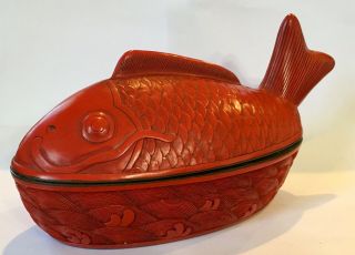 Vintage Koi Fish & Water Waves Carved Cinnibar Brass & Black Lacquer Box
