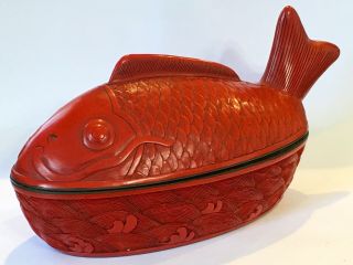 VINTAGE KOI FISH & WATER WAVES CARVED CINNIBAR BRASS & BLACK LACQUER BOX 3