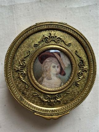 Antique French Gilt Bronze Miniature Painting Vanity Trinket Jewelry Box Signed