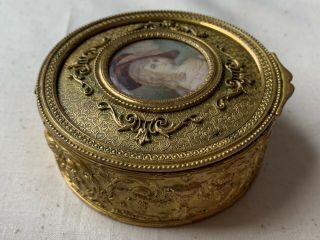 Antique French Gilt Bronze Miniature Painting Vanity Trinket Jewelry Box Signed 2