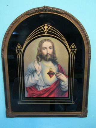 Vintage Art Deco Framed Jesus Sacred Heart Religious Wall Art Picture