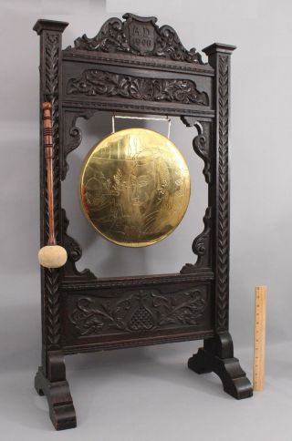 Antique 1906 Hand Carved Oak Stand & Engraved Chinese Samurai Shogun Brass Gong