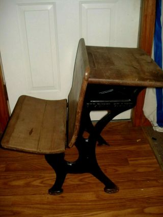Antique Wood & Fancy Cast Iron School Desk Silent Giant Vintage 1 Room School
