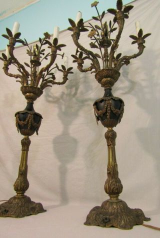 Ornate Pair Neoclassical 19th Century French Bronze Candelabras Urn Floral Lamps