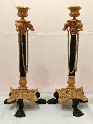 12” Tall French Neo Classic Gilt Bronze Candlesticks Hounds