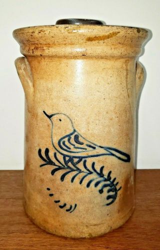 Antique Bird Decorated Stoneware Butter Churn W/ Lid 11 " Rare & Unusual