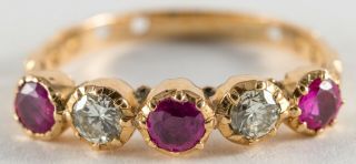 Vintage Estate 18k Yellow Gold Ruby & Diamond Five Stone Band Ring