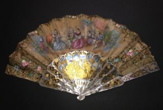 Fine Antique French Carved Mother Of Pearl Gold Gilt Hand Painted Silk Fan