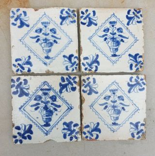 Set Of 8 Antique Dutch Delft Blue Tiles.  (flowerpots. ).  Set 1,  2