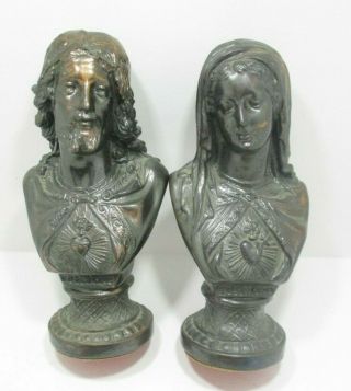 Vintage Bronze West Germany Sacred Heart Jesus & Mary 4.  5 Inch Tall Bust Statues