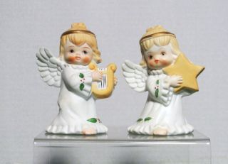 Vintage Pair Christmas Angel Figurines W Harp & Star 4 " Porcelain Ceramic