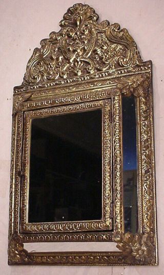 Dutch Antique Vintage Ornate Brass Hall Mirror Brushes Wall Glass Copper Cabinet