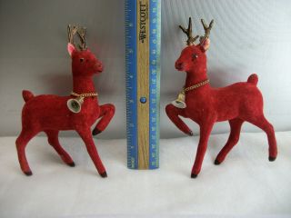 2 Vintage Red Flocked Reindeer Figures Christmas Decorations Japan