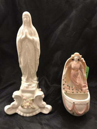 Rare Antique Pair Our Lady Of Knock Madonna And Angel Of Eireann Holy Water Font