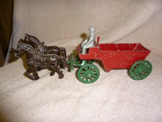 Vintage Stanley Toys Cast Metal Horse Drawn Stanley Dump Wagon W/ Driver