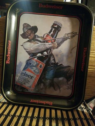 Vintage Budweiser Beer Tray Cowboy Roping A Beer Bottle Graphic Metal 10.  5 X 13