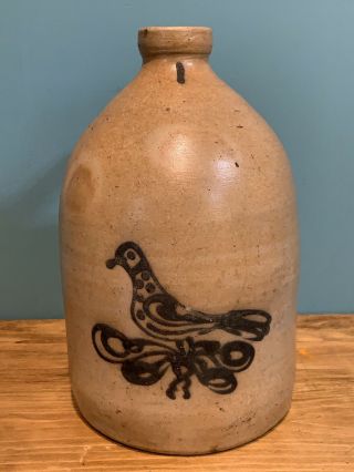 Antique 19th Century Edmands & Co Stoneware Jug With Cobalt Bird
