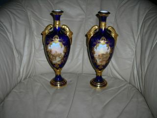 Stunning Pair Signed Antique 19th C.  Hand Painted Coalport Vases 12 " Tall