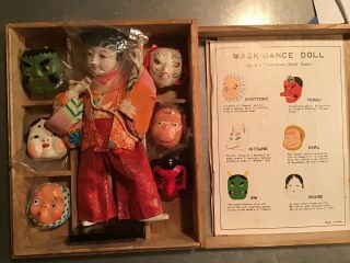 Japanese Vintage - Antique Mask Dance Doll Set Bisque Wire Org Box Theater Toy Art