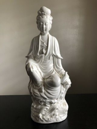 Old 20th C Chinese Dehua Blanc De Chine White Porcelain Gwan Kwan Yin Statue Art