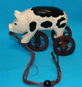 Vintage Folk Art Primitive Hand Crafted Pig On Wood Wheels Pull Toy