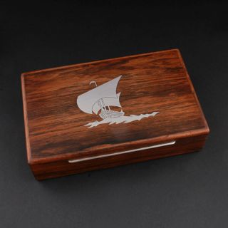 Wood Box,  Inlaid Silver.  Viking Ship.  Vintage.  Made In Denmark.  1960s.  Very Rare
